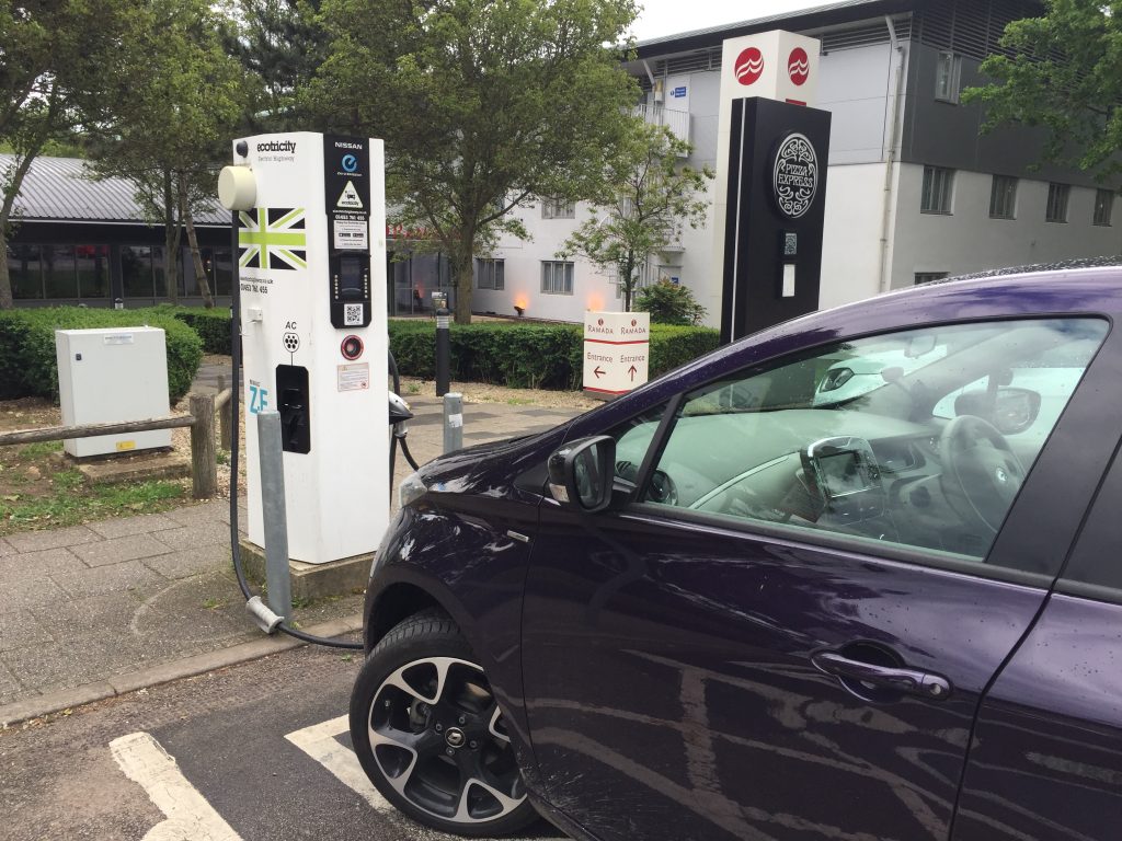 Day to day living with an electric car - purple Renault Zoe electric car charging at an Ecotricity charge point