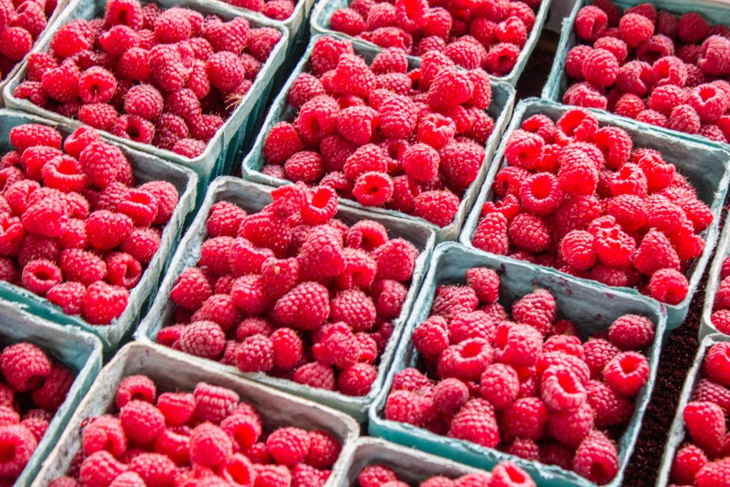 three rows of punnets of raspberries lines up to illustrate what's in season in the UK in July