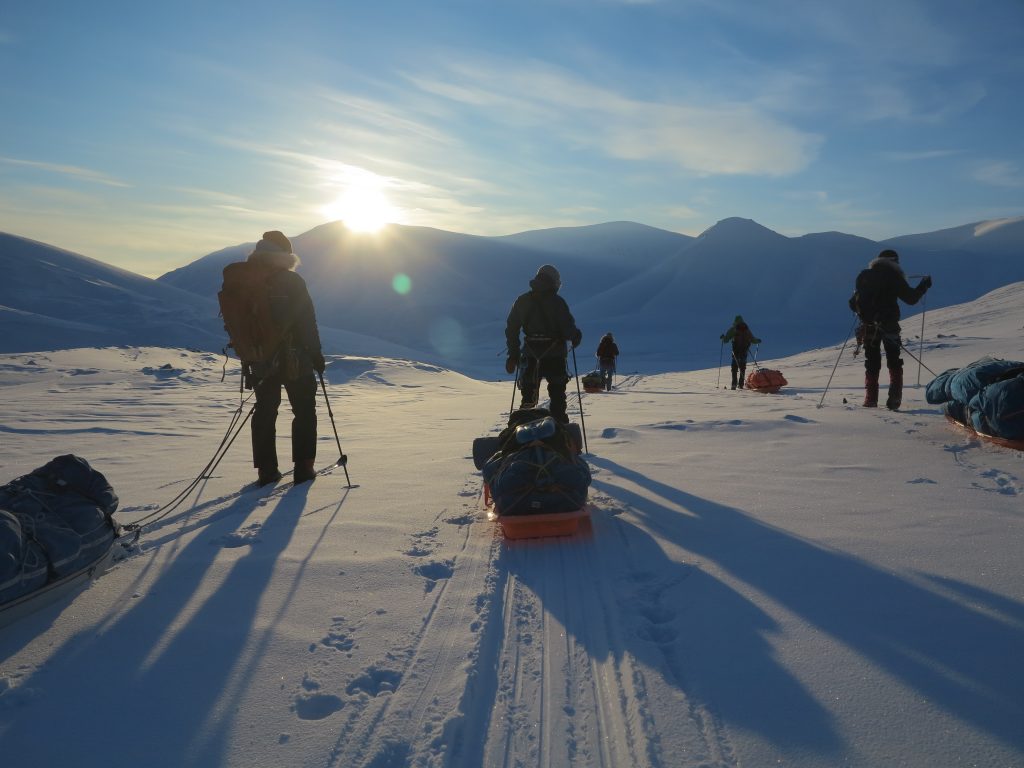Nordic walkers at sunrise in a snowy scene