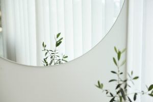 Circular mirror on a white wall with a plant reflected in it