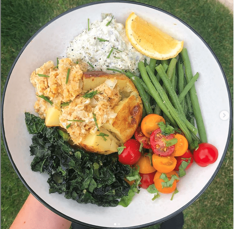 chickpea tuna baked potato with salad and green beans