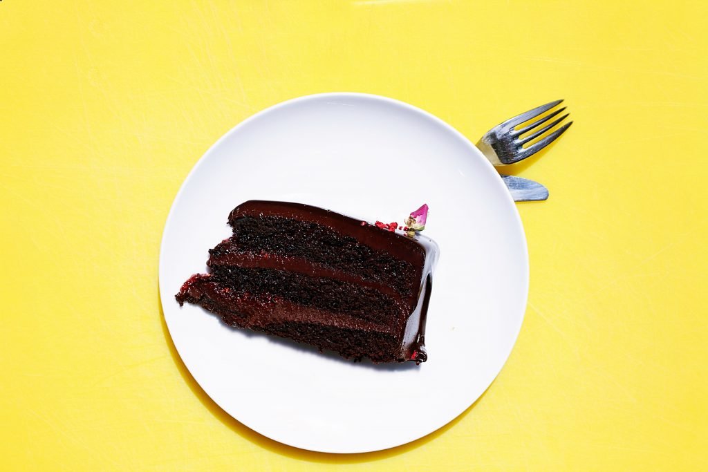 slice of chocolate cake on a white plate on a yellow surface