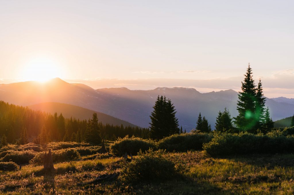beautiful landscape sunset scene with trees and mountains