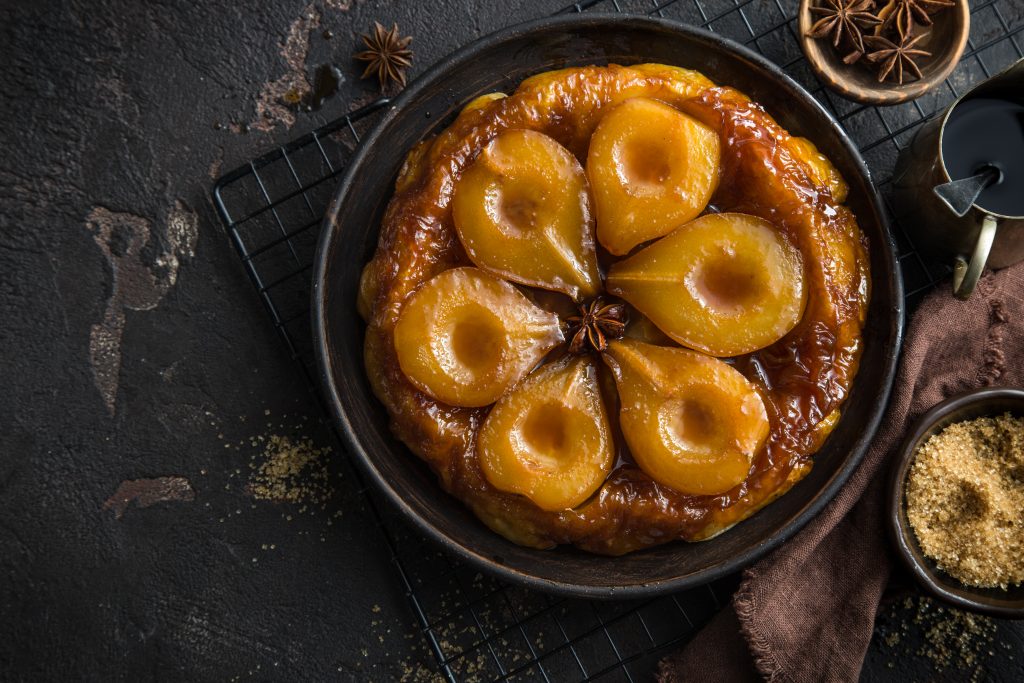sticky ginger pear pudding made with seasonal UK pears