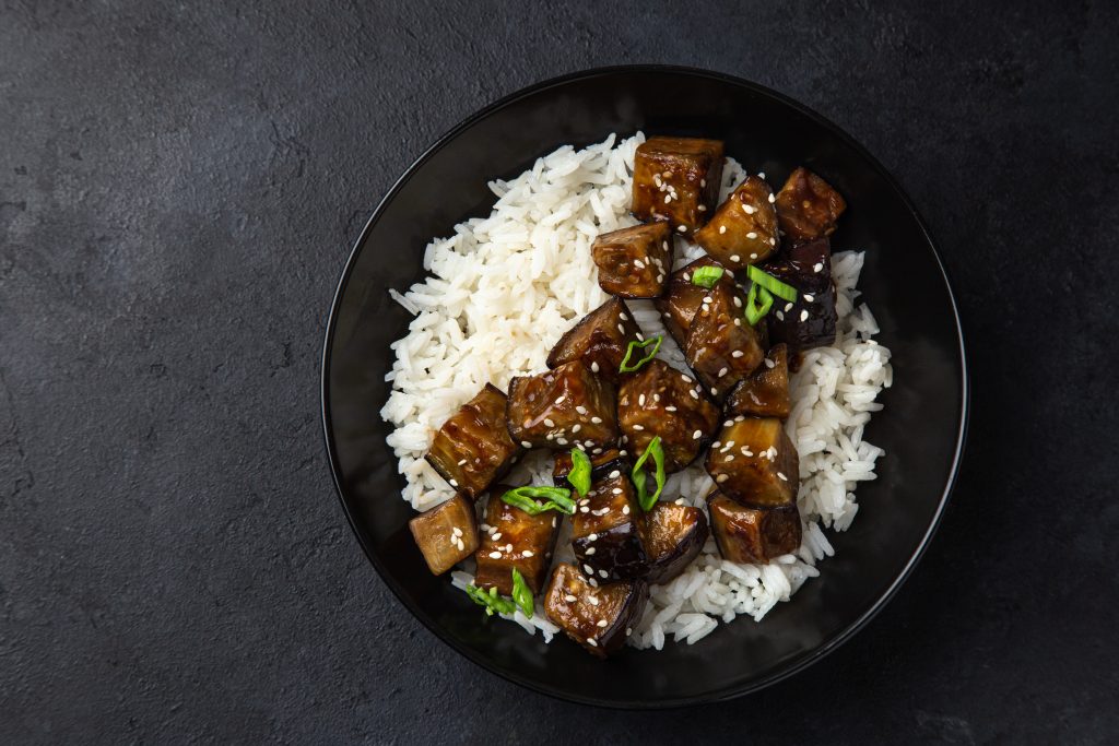 aubergine teriyaki bowl with rice