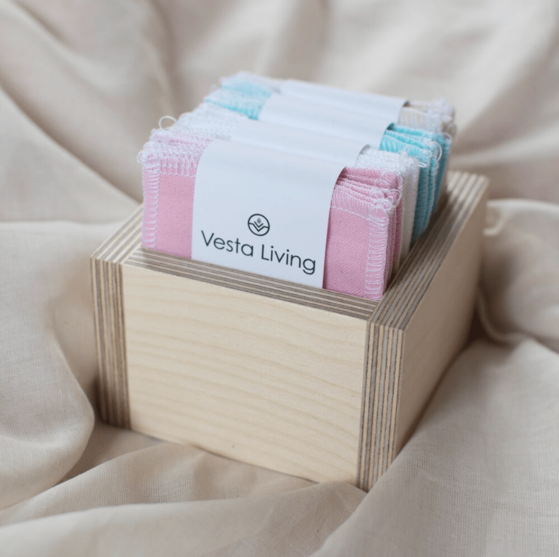 Vesta Living reusable cotton face wipes in a wooden box