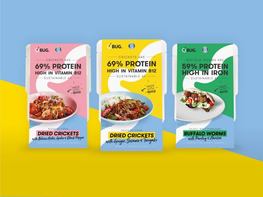 Three BUG edible insects meals kits in a row: crickets with italian herbs, crickets with ginger, sesame and teriyaki and buffalo worms with parsley and harissa